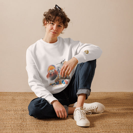 White crewneck sweatshirt with colorful front graphic