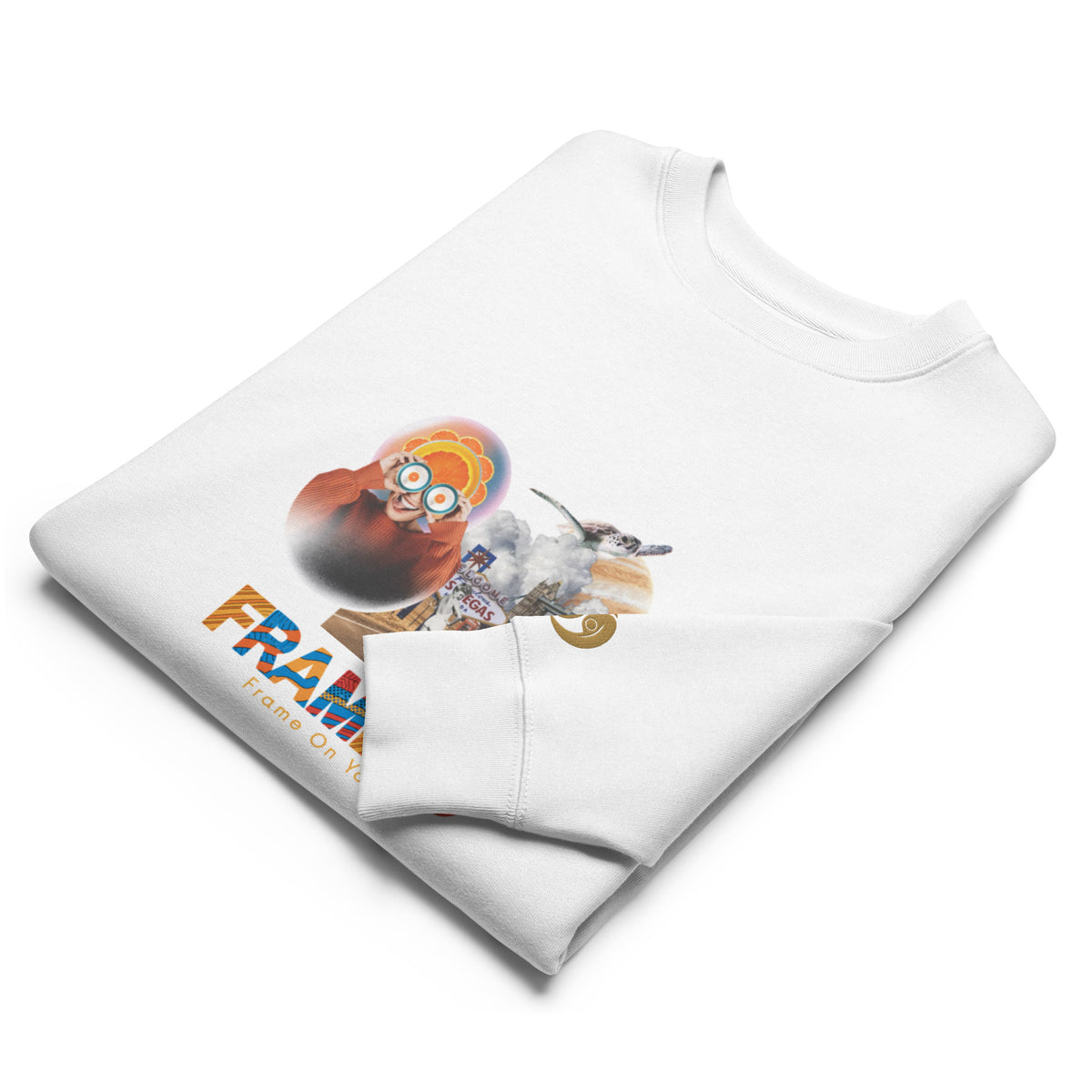 Pure Form crewneck sweatshirt, white with colorful front character graphic