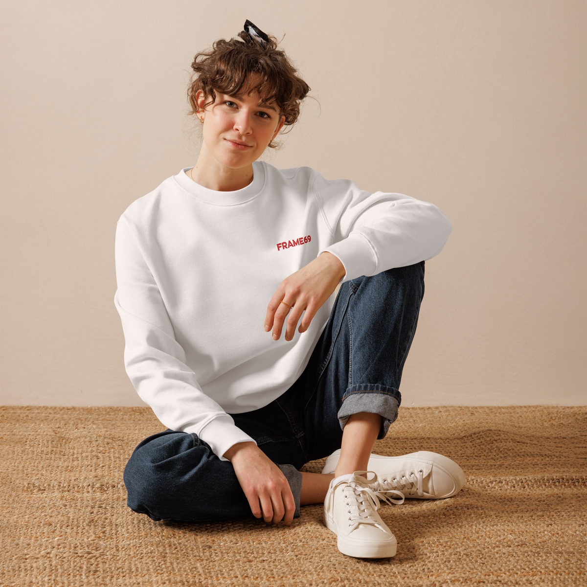 White figure trio sweatshirt with small FRAME69 logo on chest