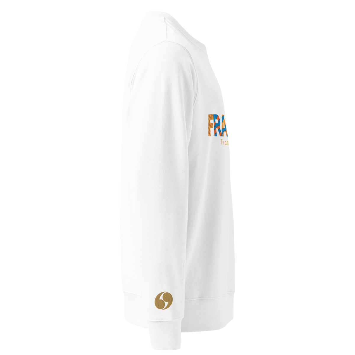 White crewneck sweatshirt, side view with small gold emblem on sleeve cuff