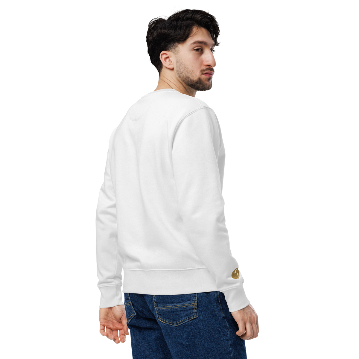 White crewneck sweatshirt, long sleeves, ribbed cuffs and hem, back view