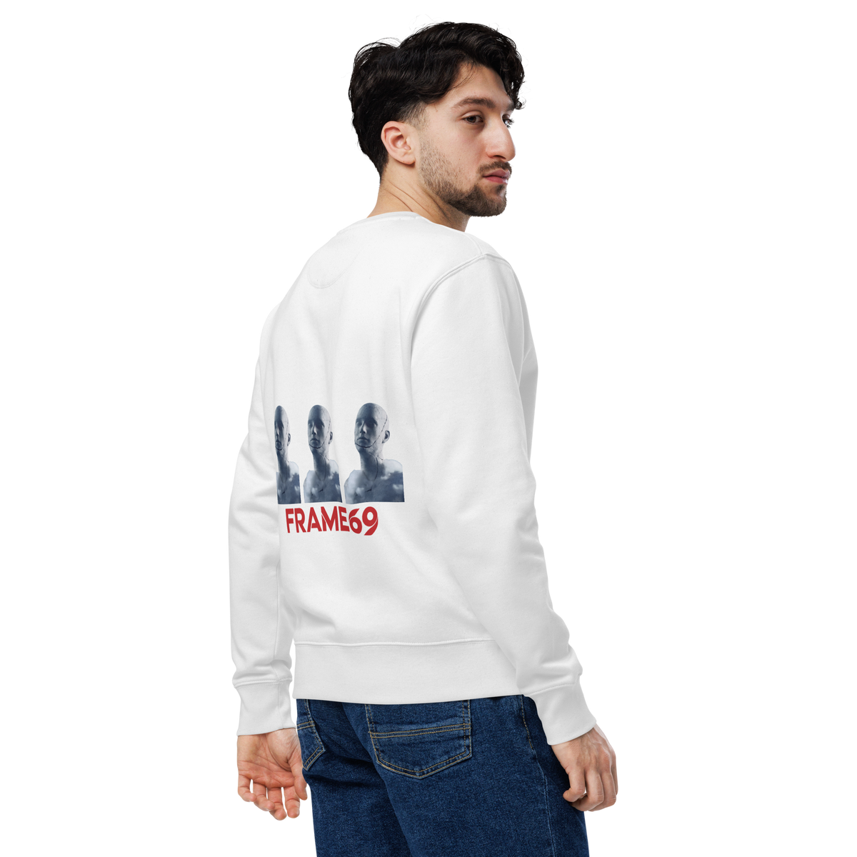 White figure trio sweatshirt back graphic with three faces and FRAME69 text