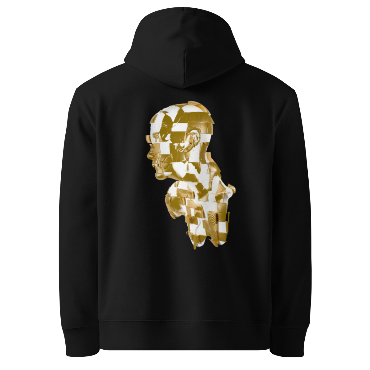 Black organic graphic hoodie, back gold astronaut face graphic, full-coverage hood