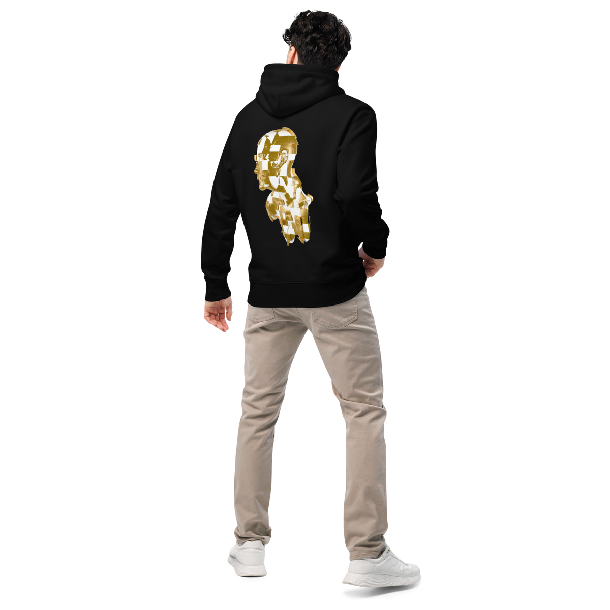 Black organic graphic hoodie, back gold astronaut face graphic, hood with drawstrings