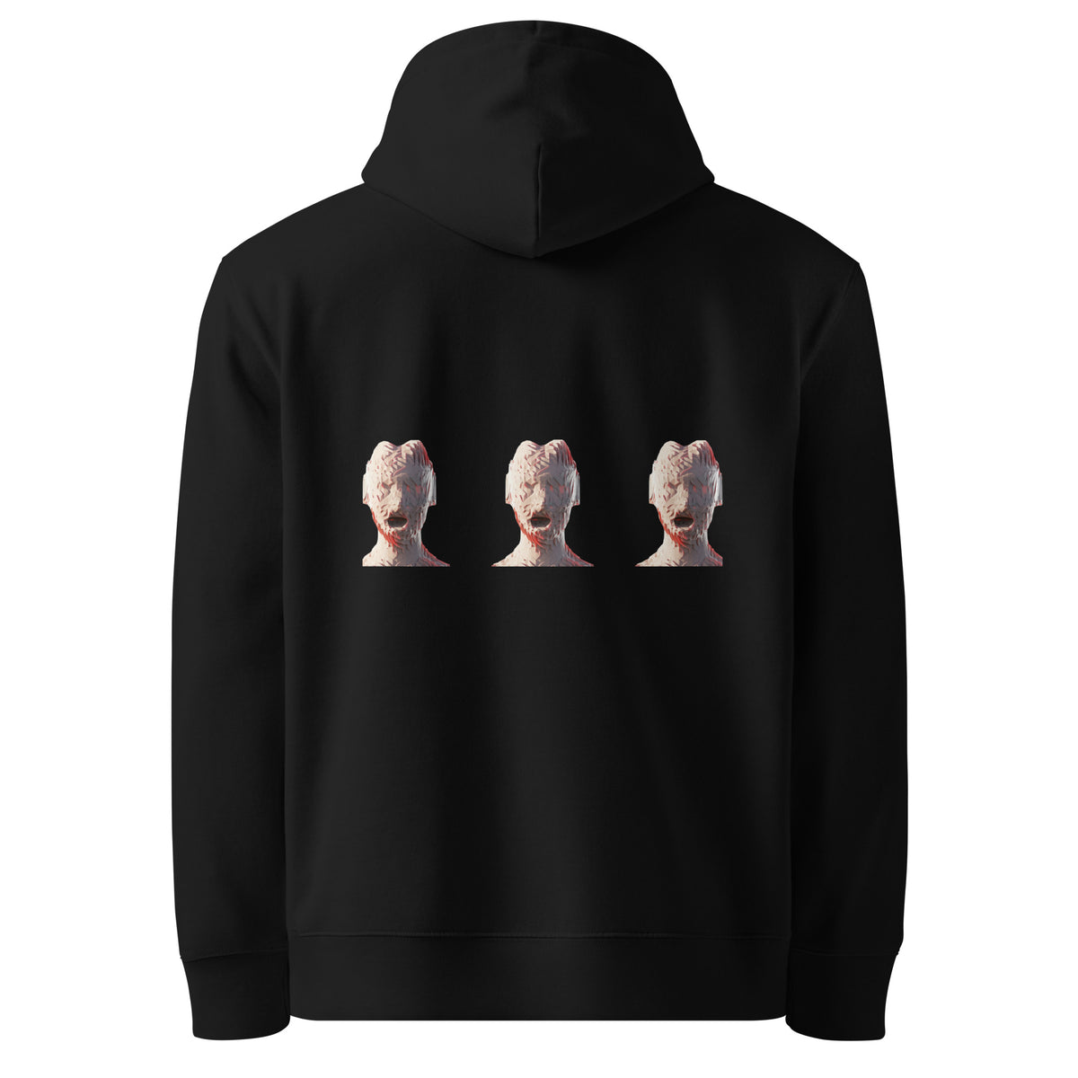 Black hoodie with hood and front graphic of three bust figures