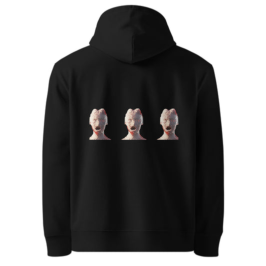 Black hoodie with hood and front graphic of three bust figures