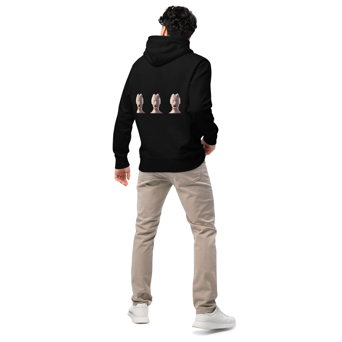 Black hoodie with hood and back graphic of three bust figures