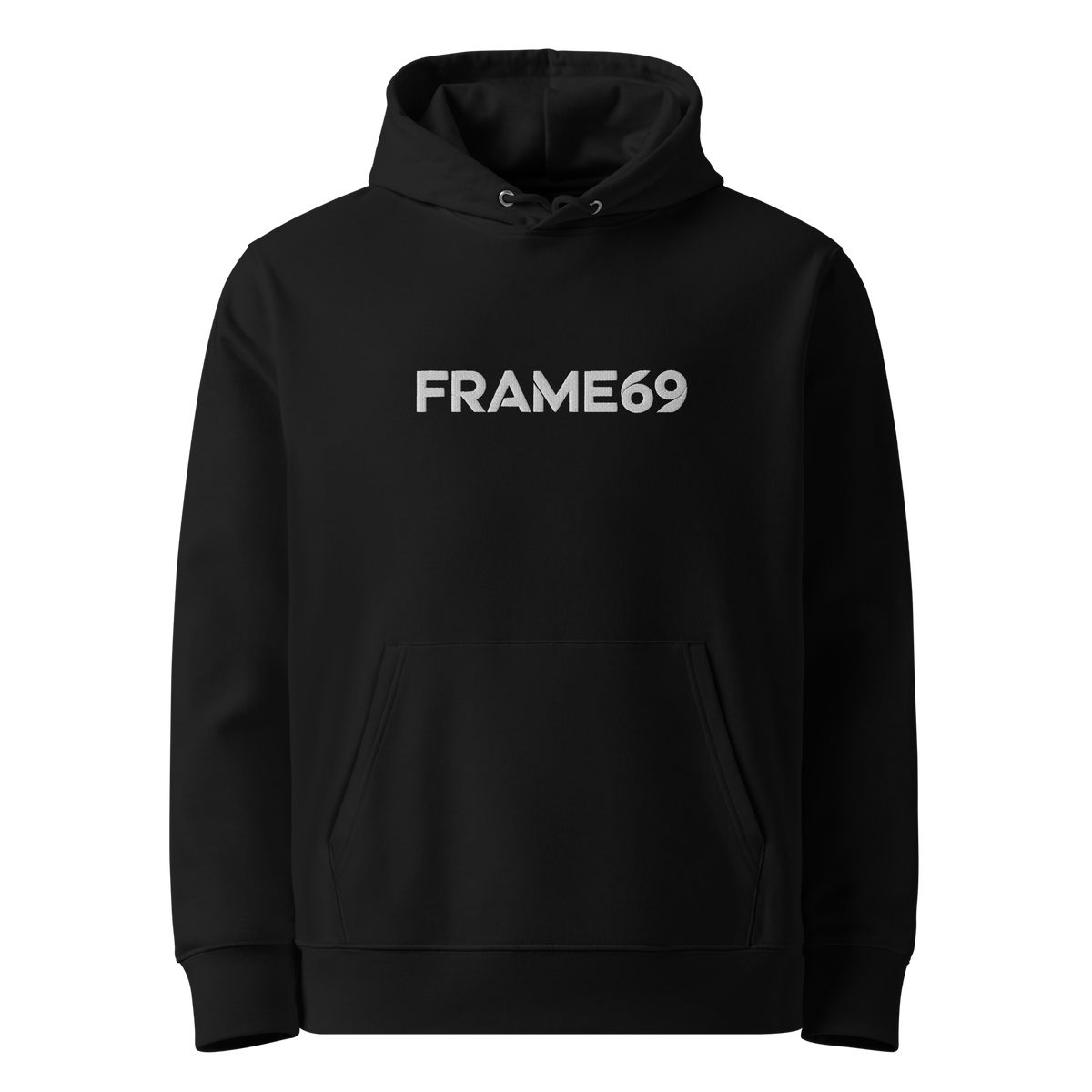 Black organic graphic hoodie, front FRAME69 print, hood with drawstrings, kangaroo pocket
