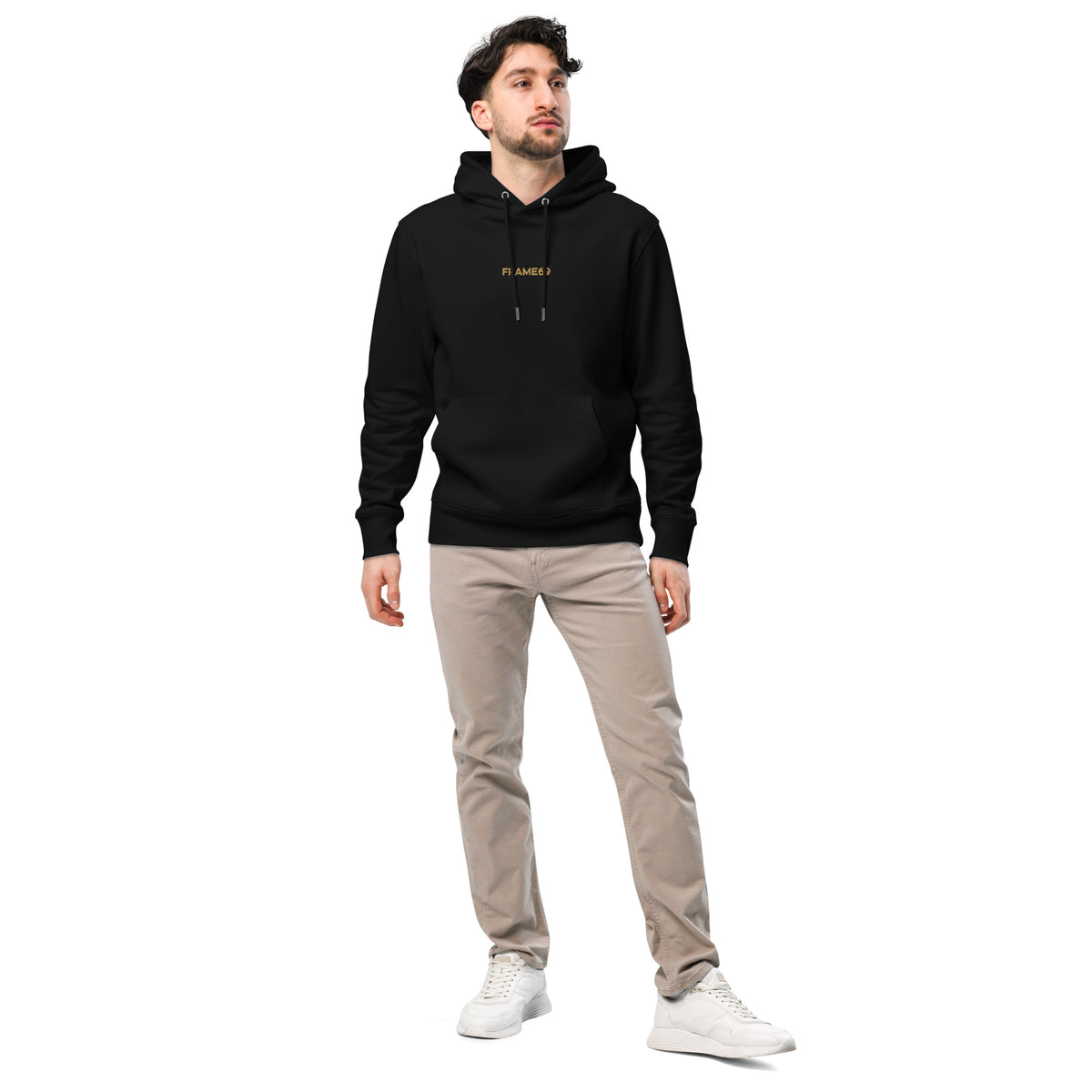 Black pullover hoodie with hood, front drawstrings, and small chest text