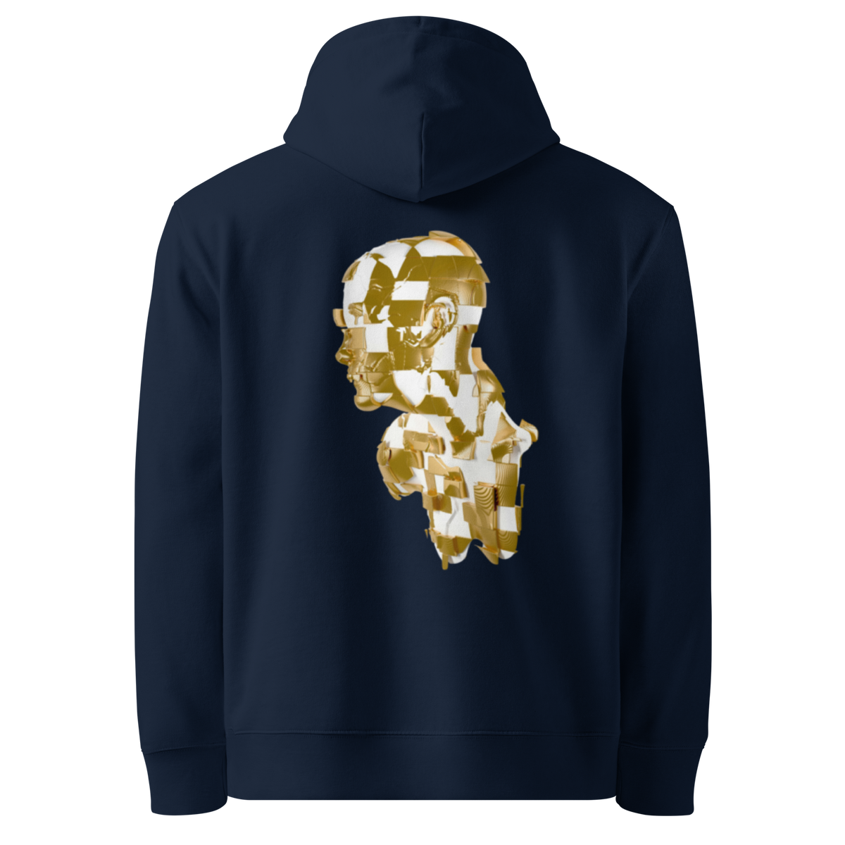 French navy organic graphic hoodie, back gold astronaut face graphic, full-coverage hood