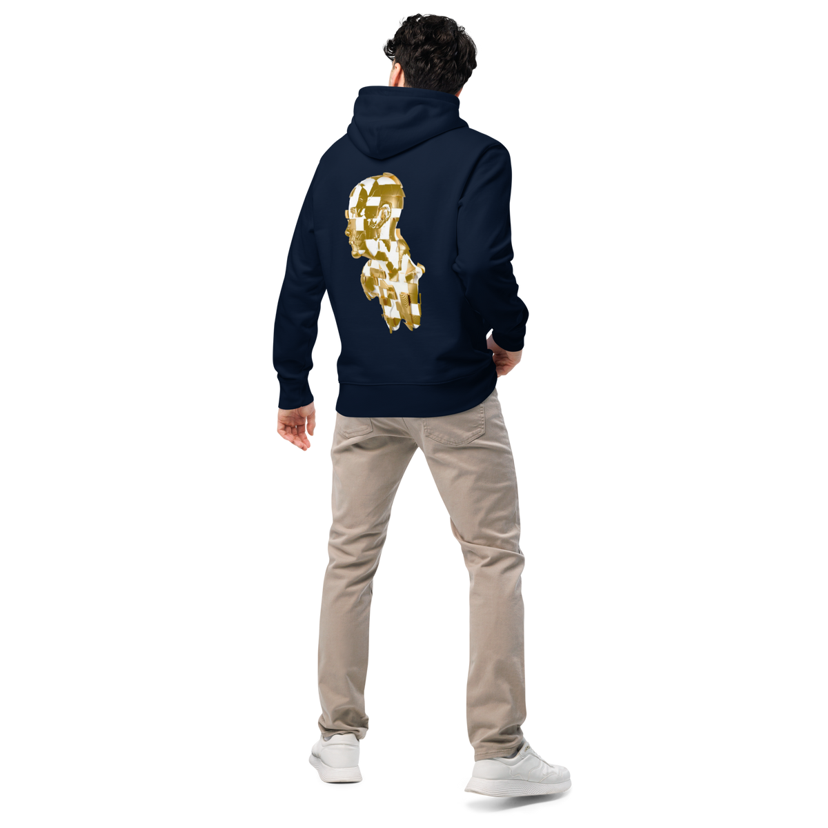 French navy organic graphic hoodie, back gold astronaut face graphic, hood with drawstrings