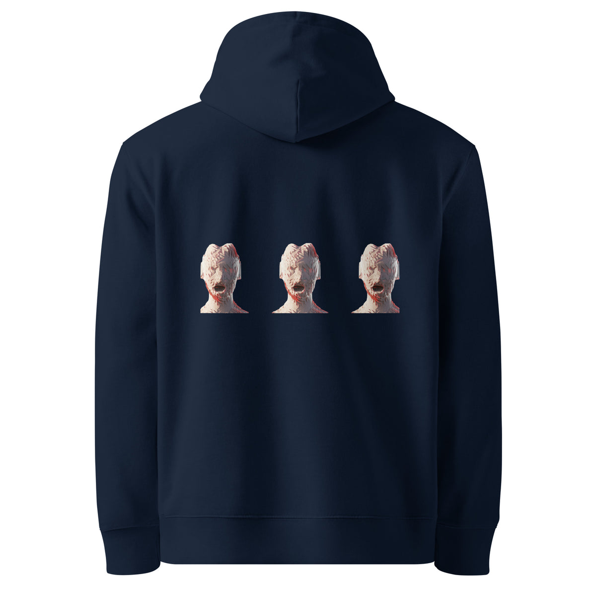 French navy hoodie with hood and front graphic of three bust figures
