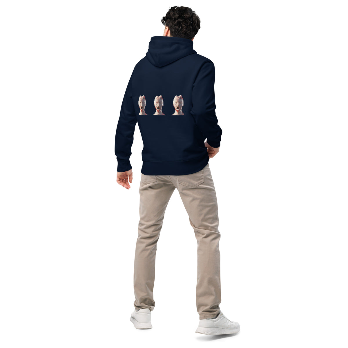 French navy hoodie with hood and back graphic of three bust figures