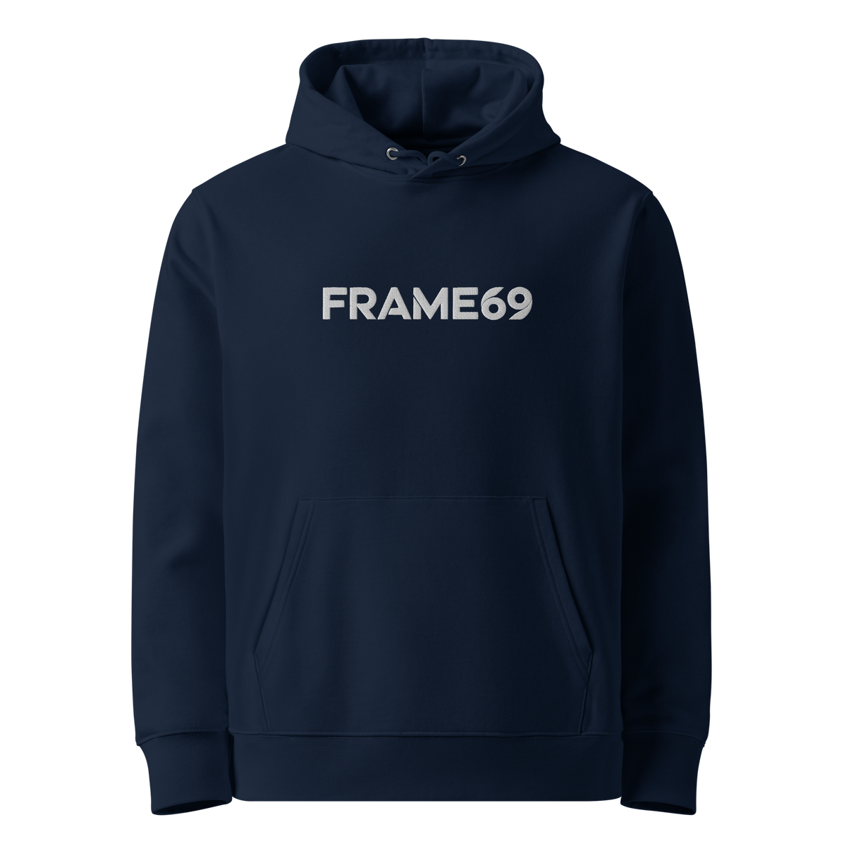 French navy organic graphic hoodie, front FRAME69 print, hood with drawstrings, kangaroo pocket