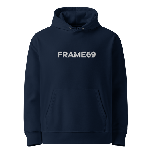 French navy organic graphic hoodie, front FRAME69 print, hood with drawstrings, kangaroo pocket