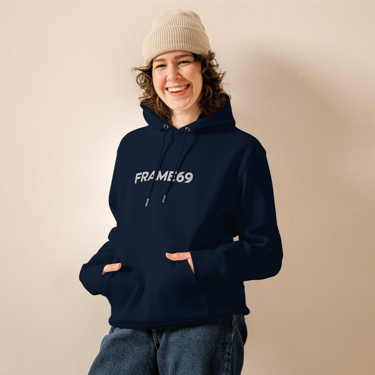 French navy organic graphic hoodie with FRAME69 logo on chest, front hood drawstrings