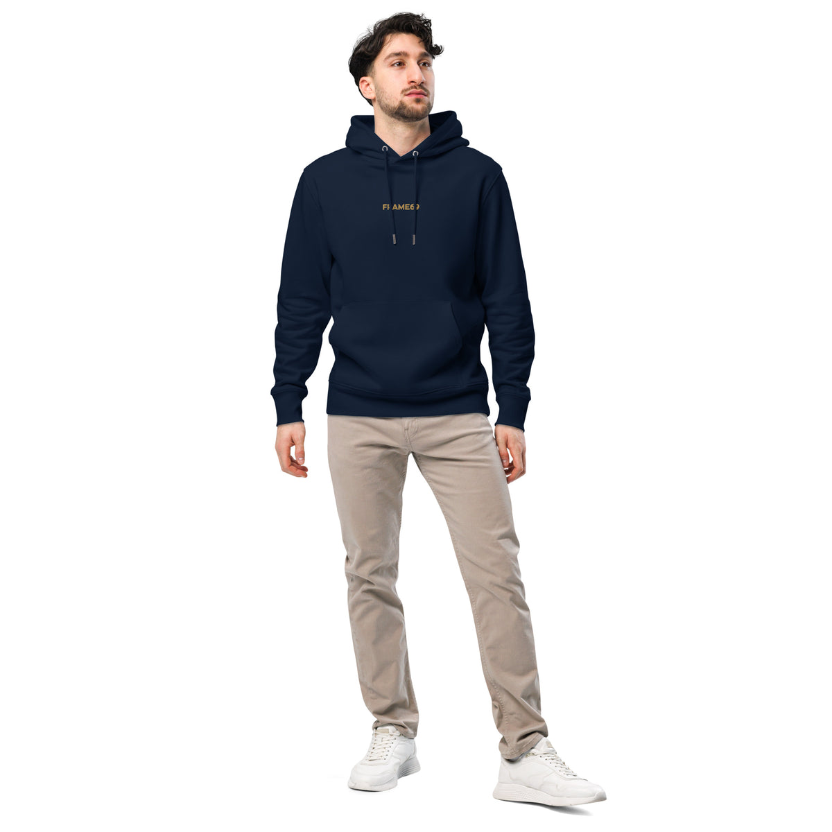 French navy pullover hoodie with hood, front drawstrings, and small chest text