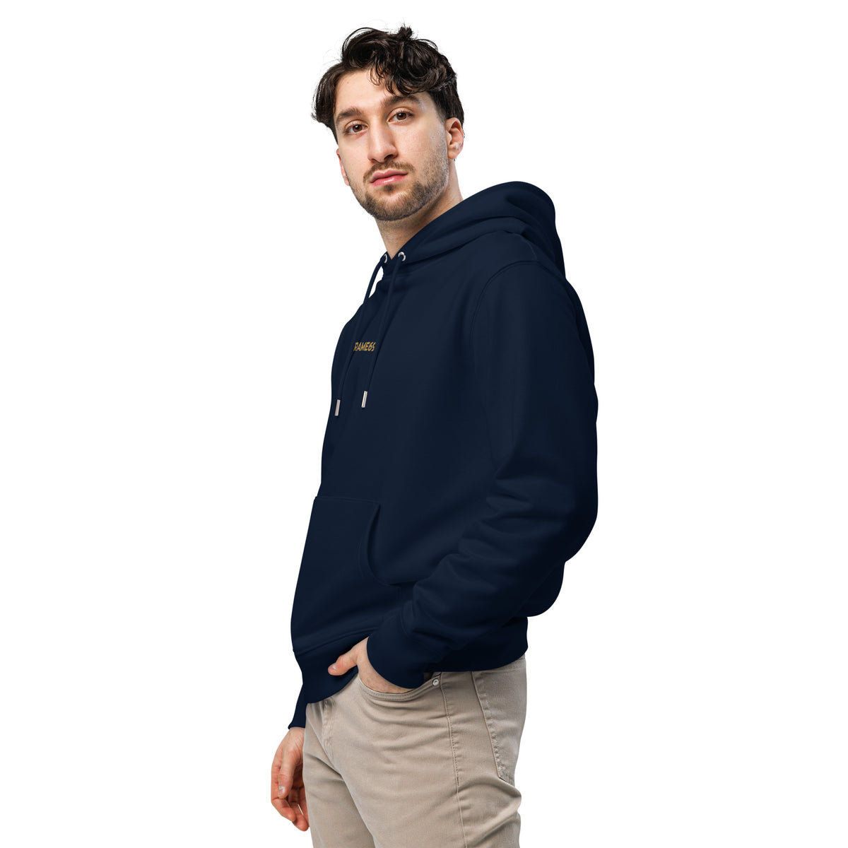 French navy hoodie on model, side view with hood and front drawstrings