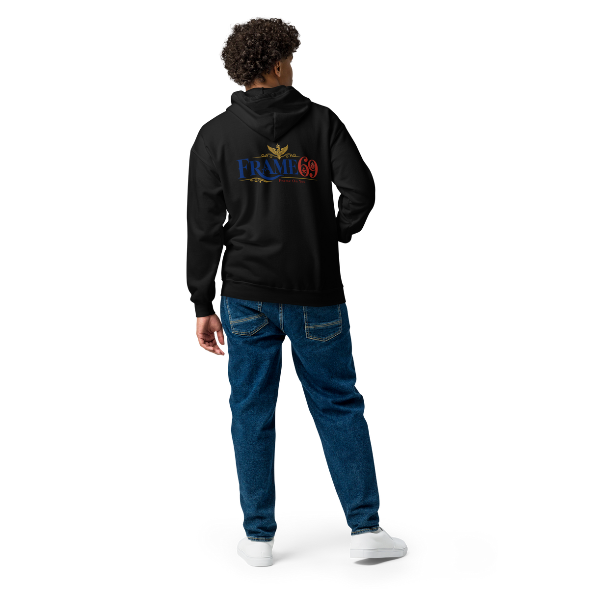 Black zip-up hoodie with hood and back graphic