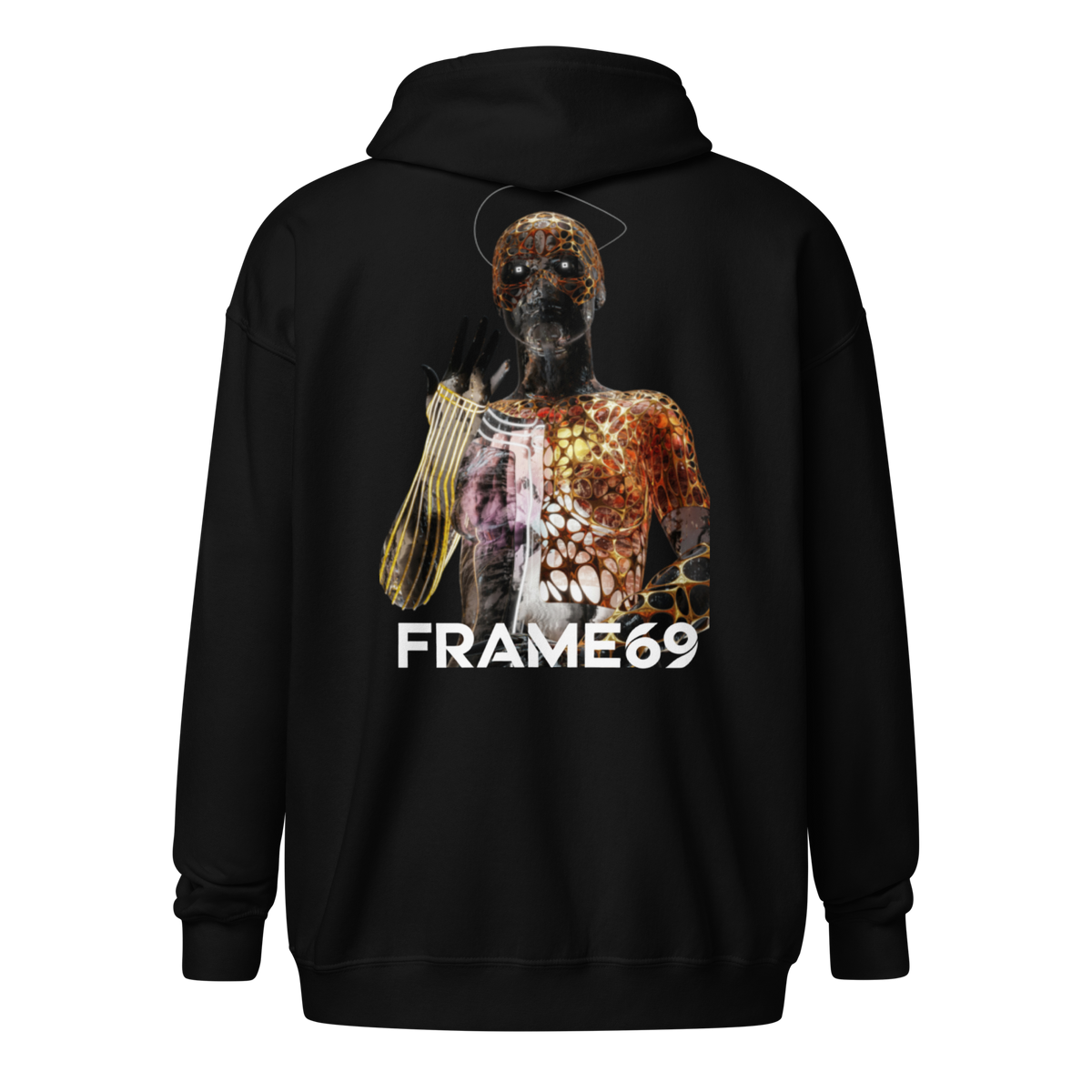 Black zip-up hoodie with hood and large back graphic print.