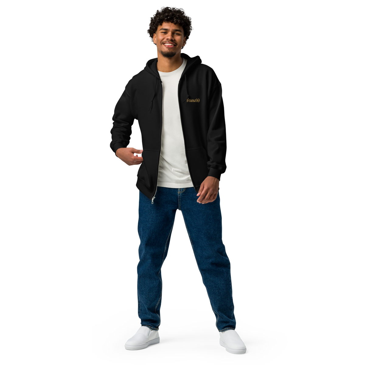 Black zip-up hoodie with hood and front zipper