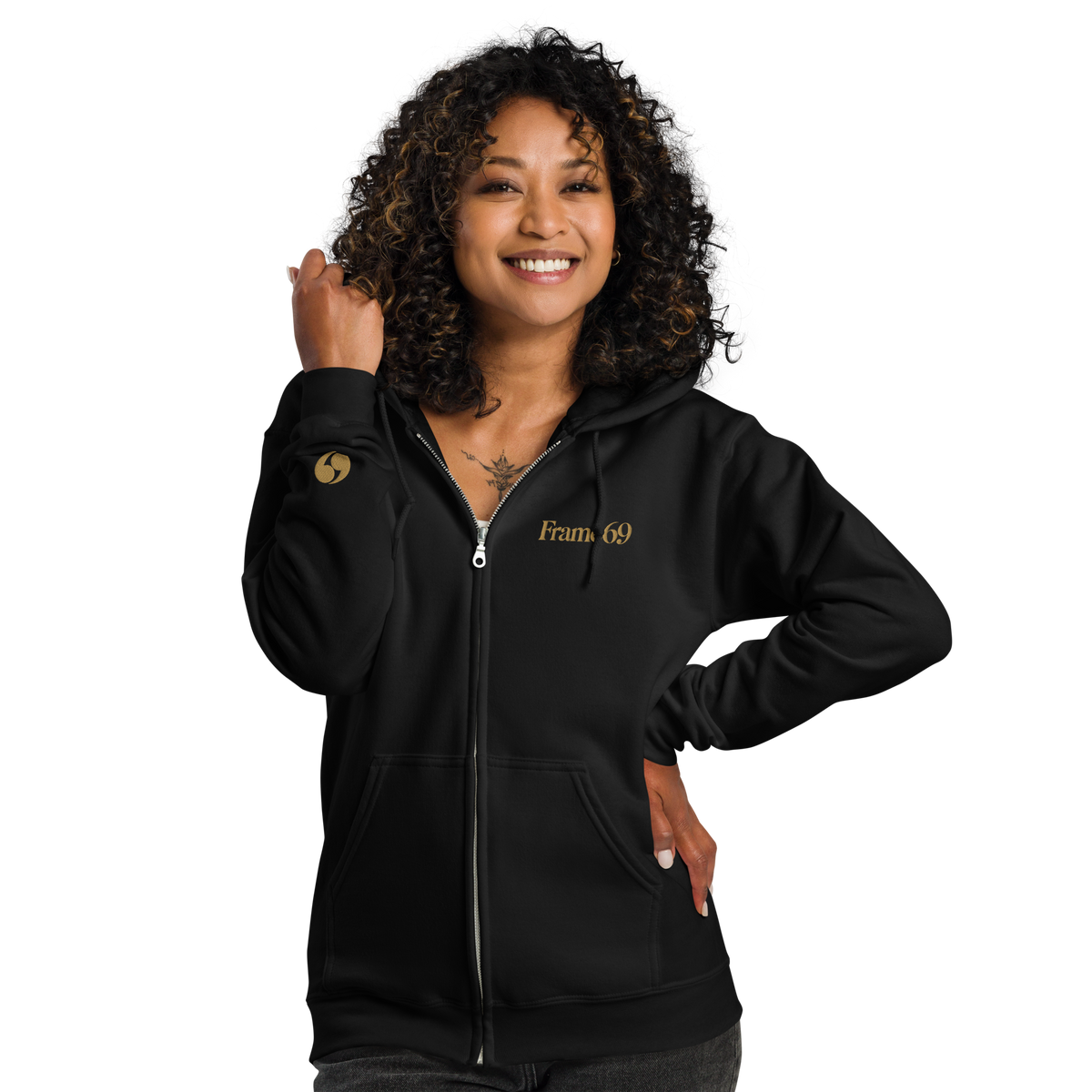 Black zip-up hoodie with hood and front zipper, kangaroo pocket