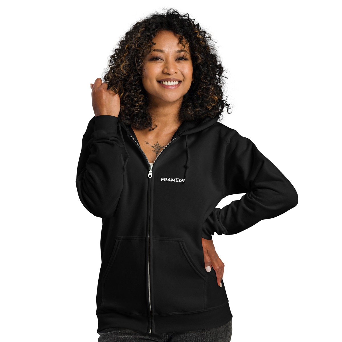 Black zip-up hoodie with hood; FRAME69 logo on chest; full front zipper.