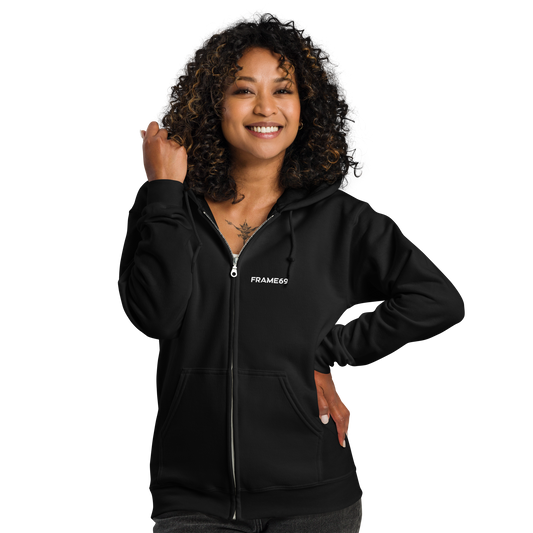 Black zip-up hoodie with hood; FRAME69 logo on chest; full front zipper.