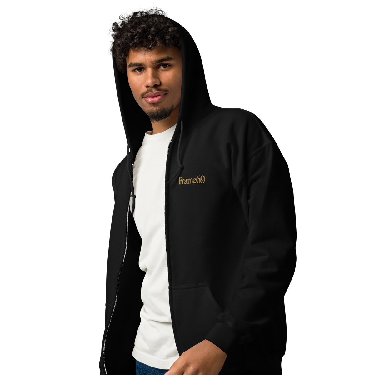 Black zip-front hoodie with hood, full front zipper, Frame69 chest logo