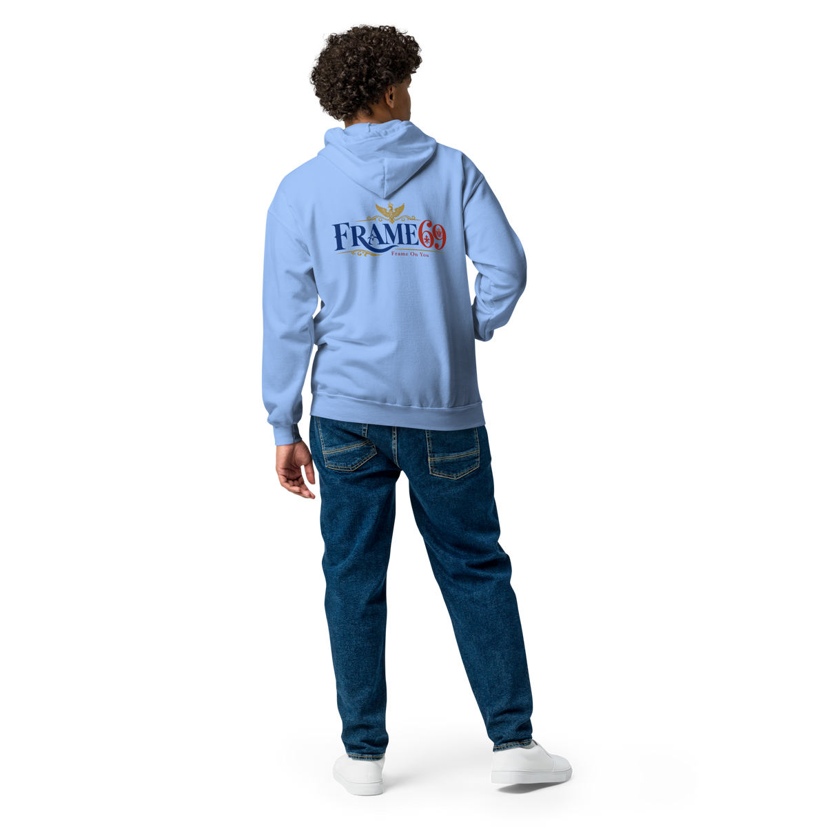 Light blue zip-front hoodie with hood and front zipper, Frame69 logo on back