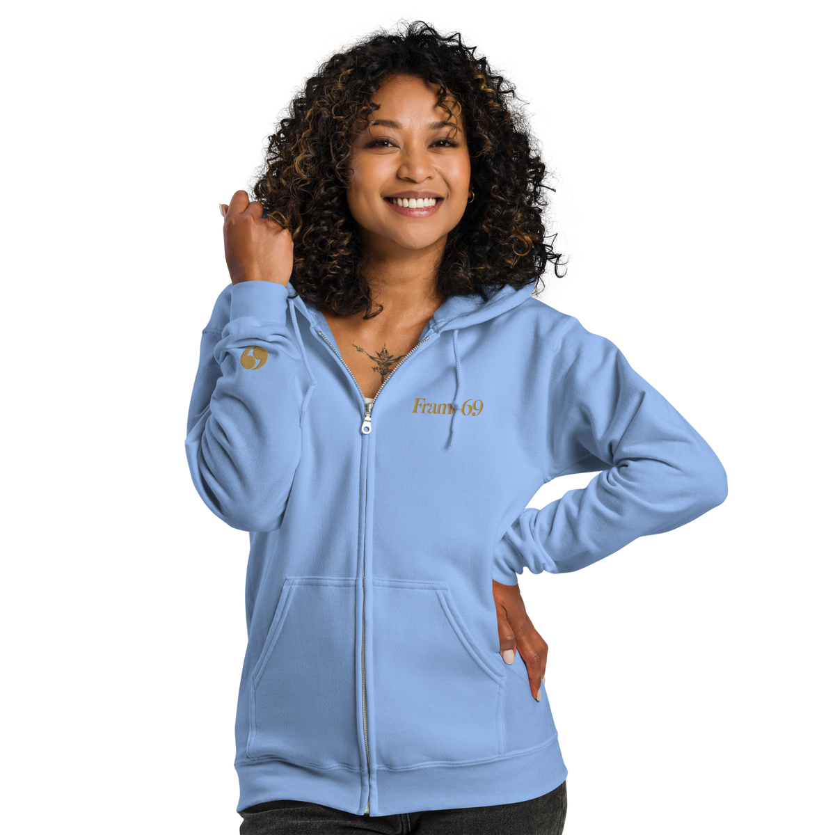 Light blue zip-up hoodie with hood and front zipper, kangaroo pocket