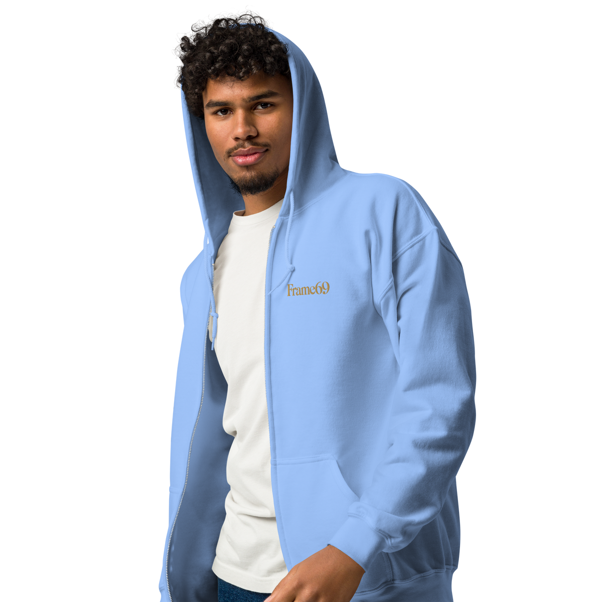 Light blue zip-front hoodie with hood and full zipper, Frame69 chest logo