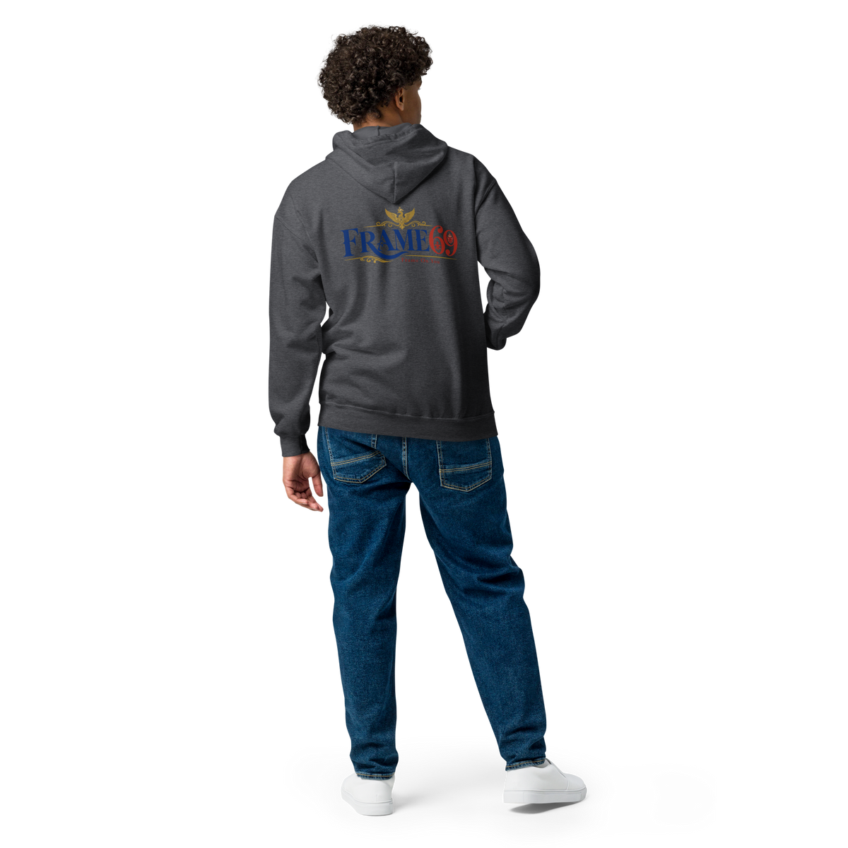 Dark gray zip-front hoodie with hood and front zipper, Frame69 graphic on back