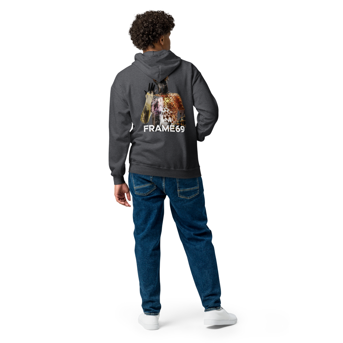 Dark heather zip-up hoodie with hood and back graphic print.