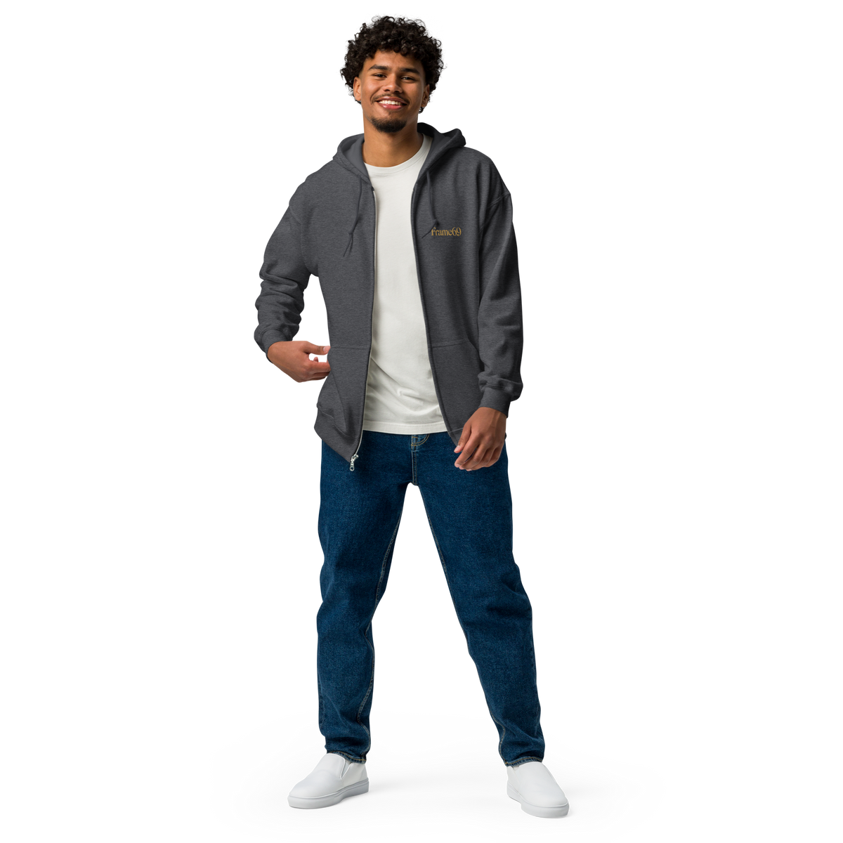 Dark heather gray zip-up hoodie with hood and front zipper