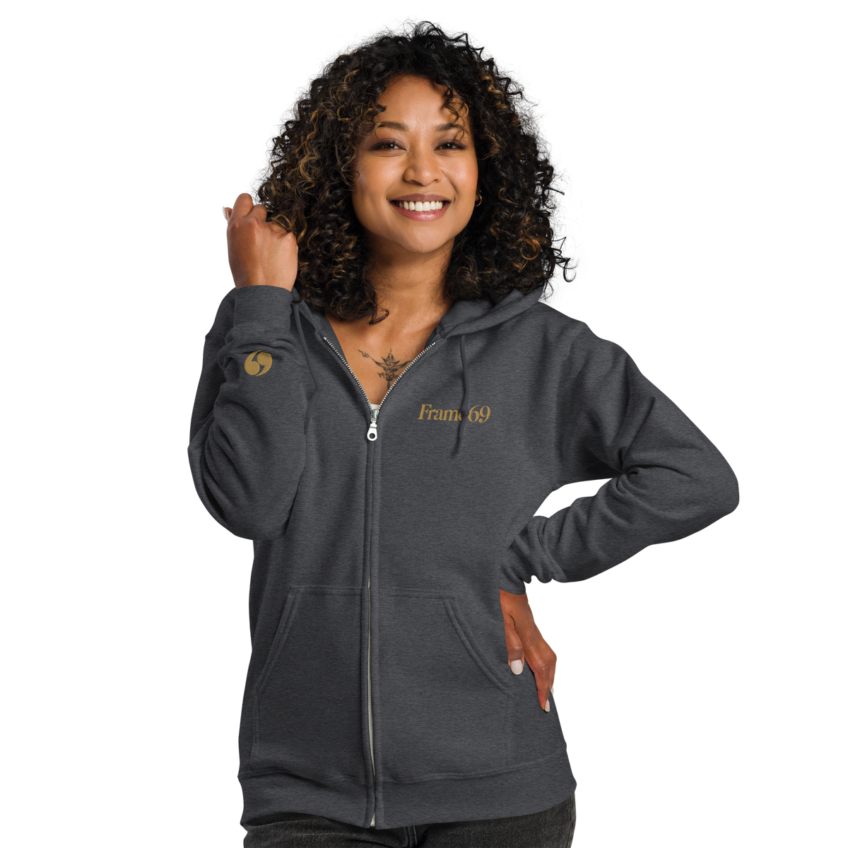 Charcoal gray zip-up hoodie with hood and front zipper, kangaroo pocket