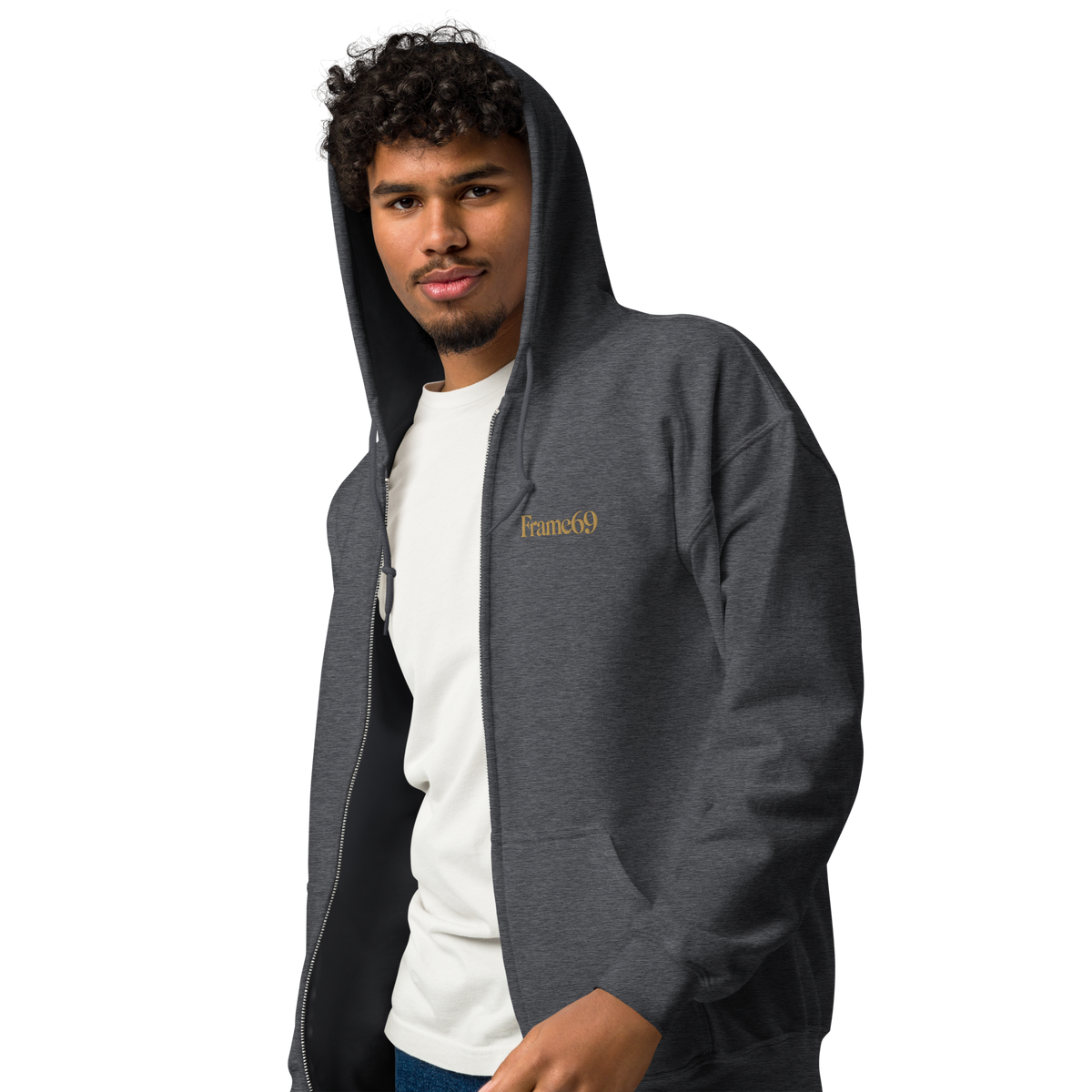Dark heather gray zip-front hoodie with hood and full zipper, Frame69 chest logo