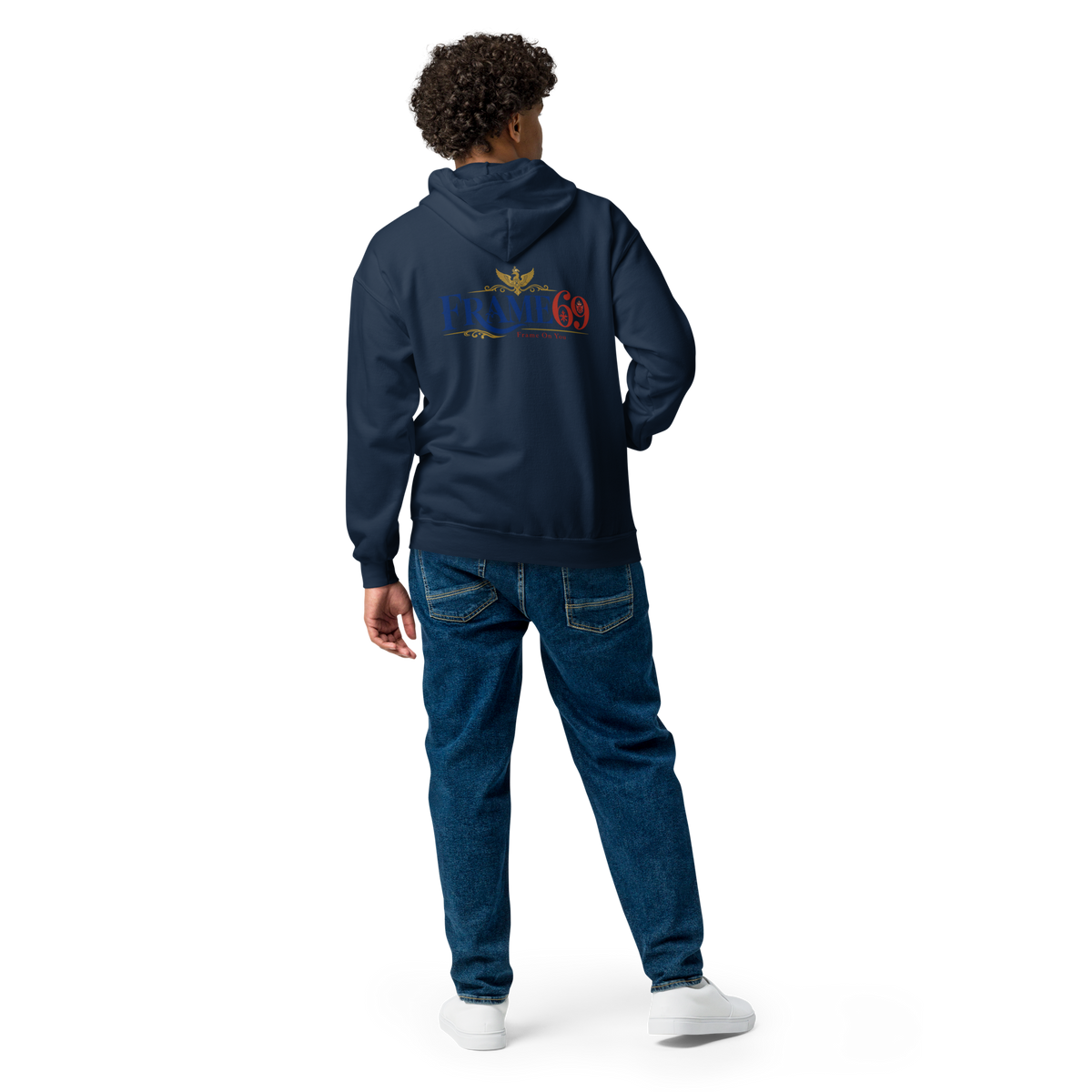 Blue zip-front hoodie with hood and front zipper, Frame69 graphic on back