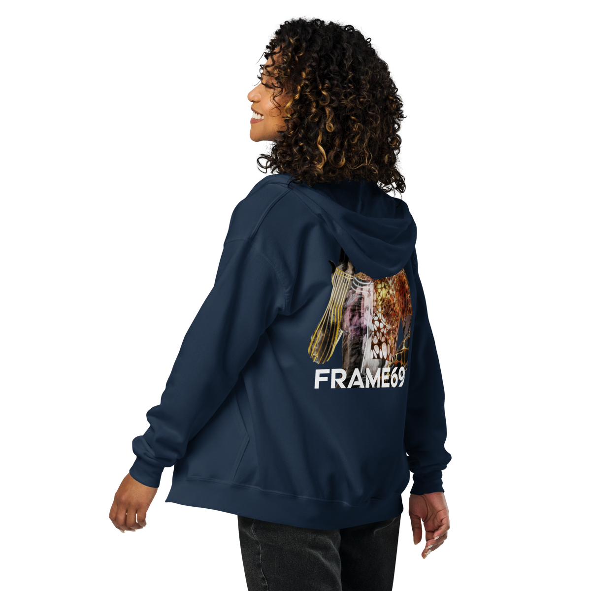 Navy zip-up hoodie with hood and large back graphic print.