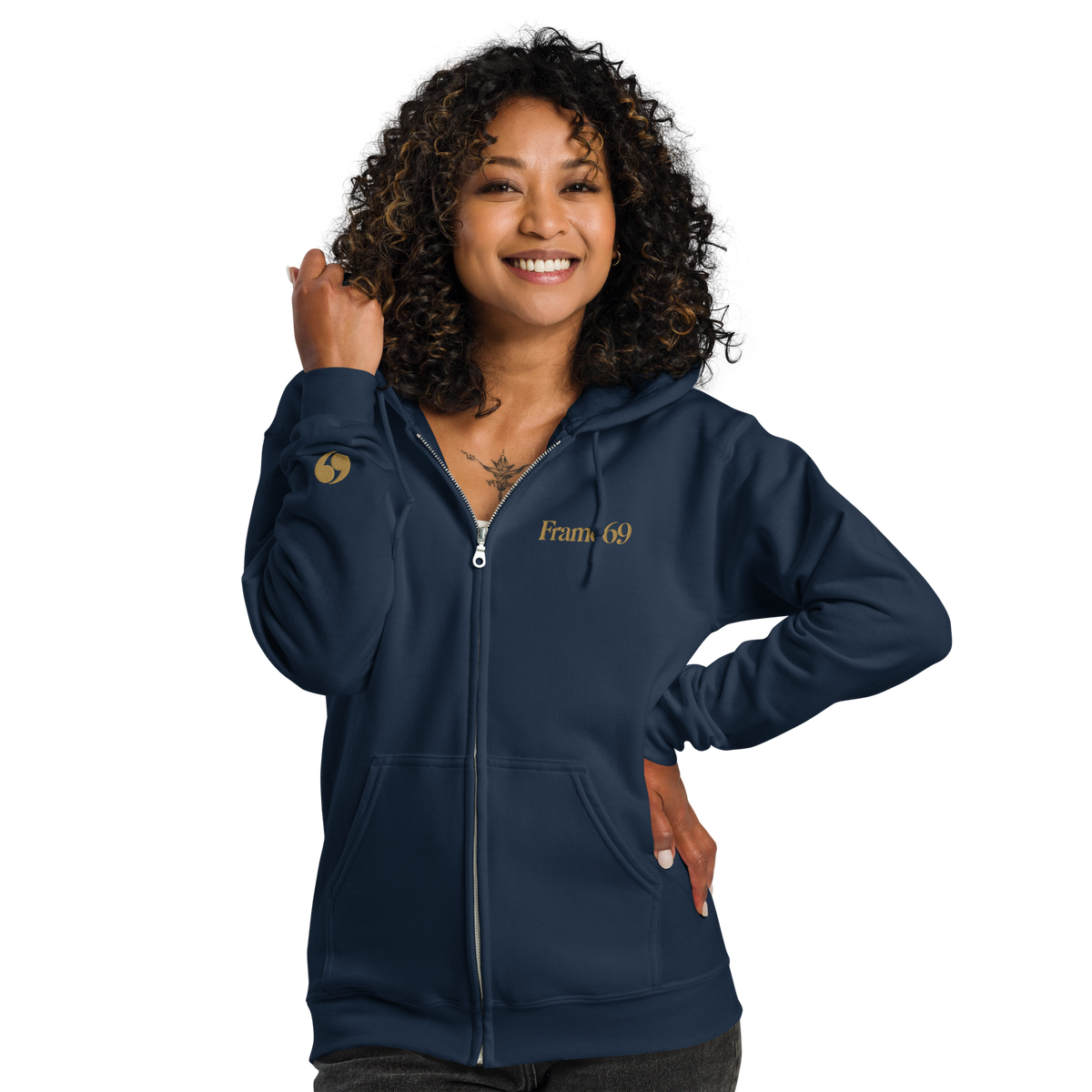 Navy zip-up hoodie with hood and front zipper, kangaroo pocket