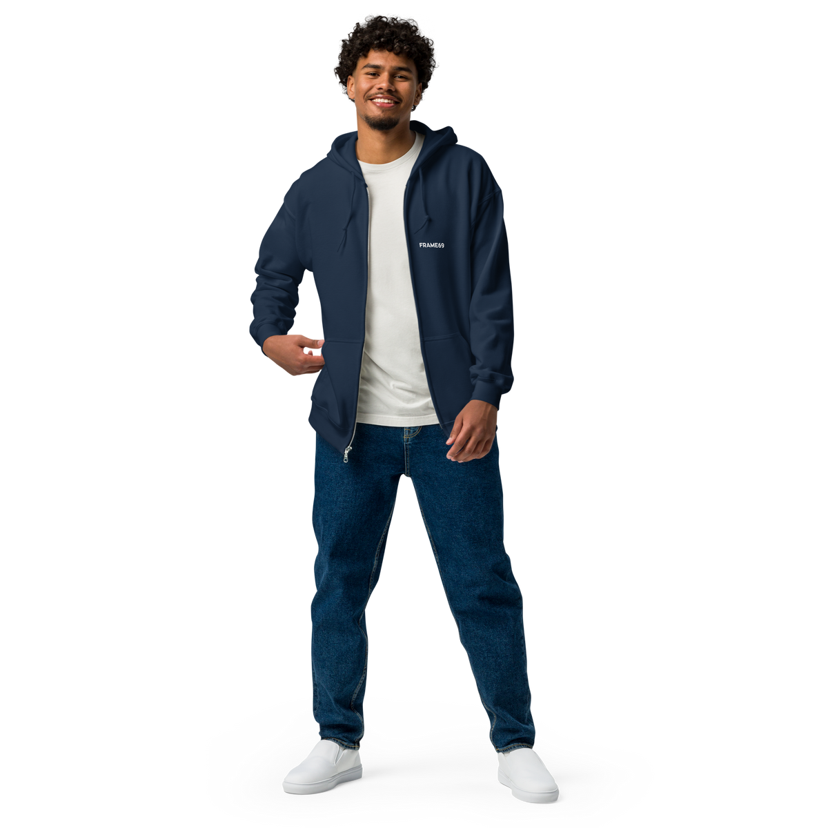 Navy zip-up hoodie with hood; small chest logo; front zipper closure.