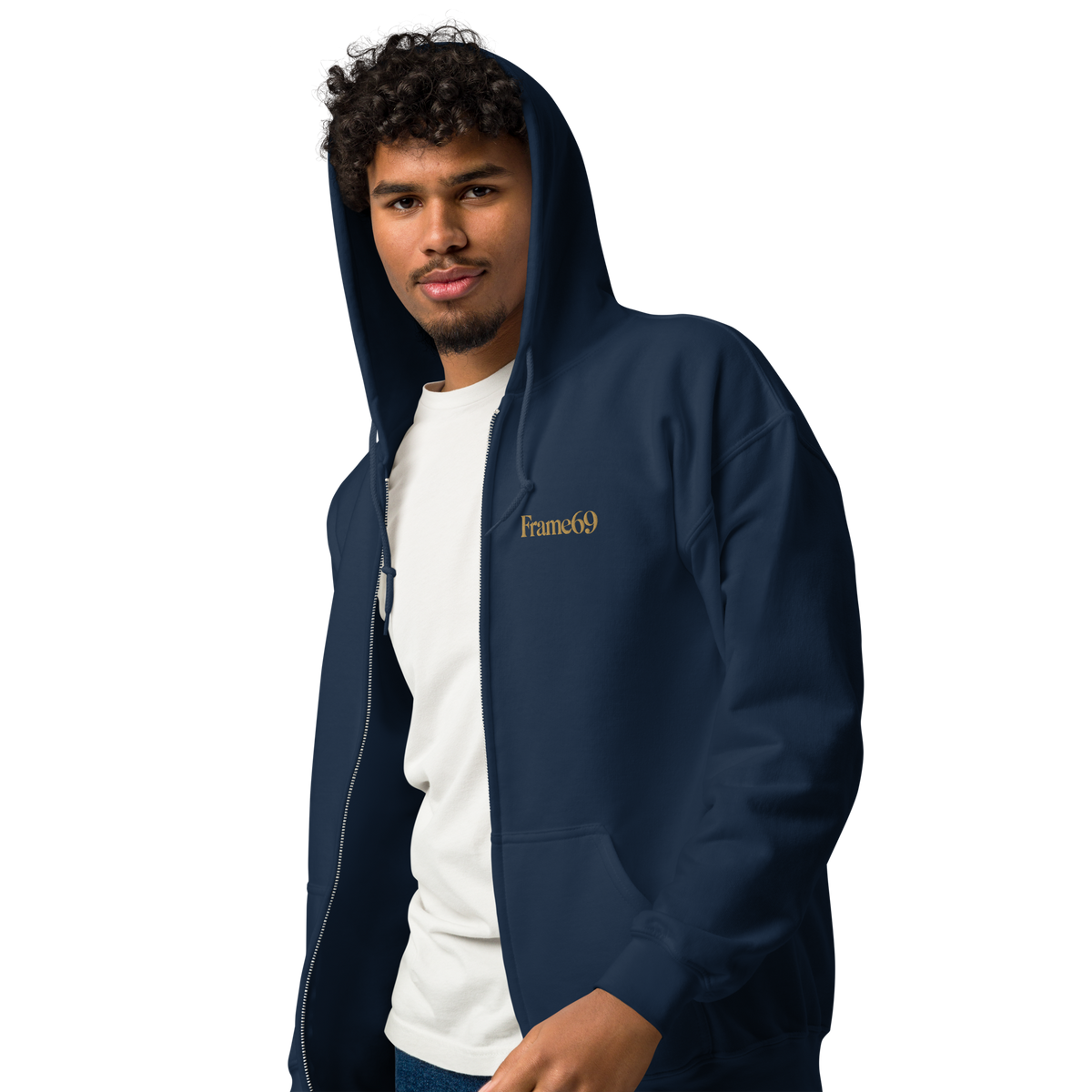 Navy zip-front hoodie with hood and full zipper, Frame69 chest logo