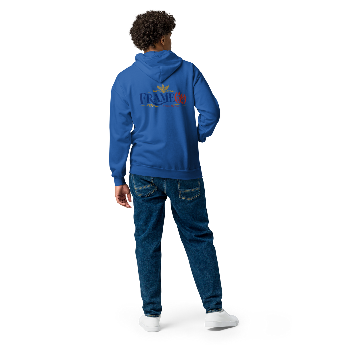 Royal blue zip-front hoodie with hood and front zipper, Frame69 logo on back