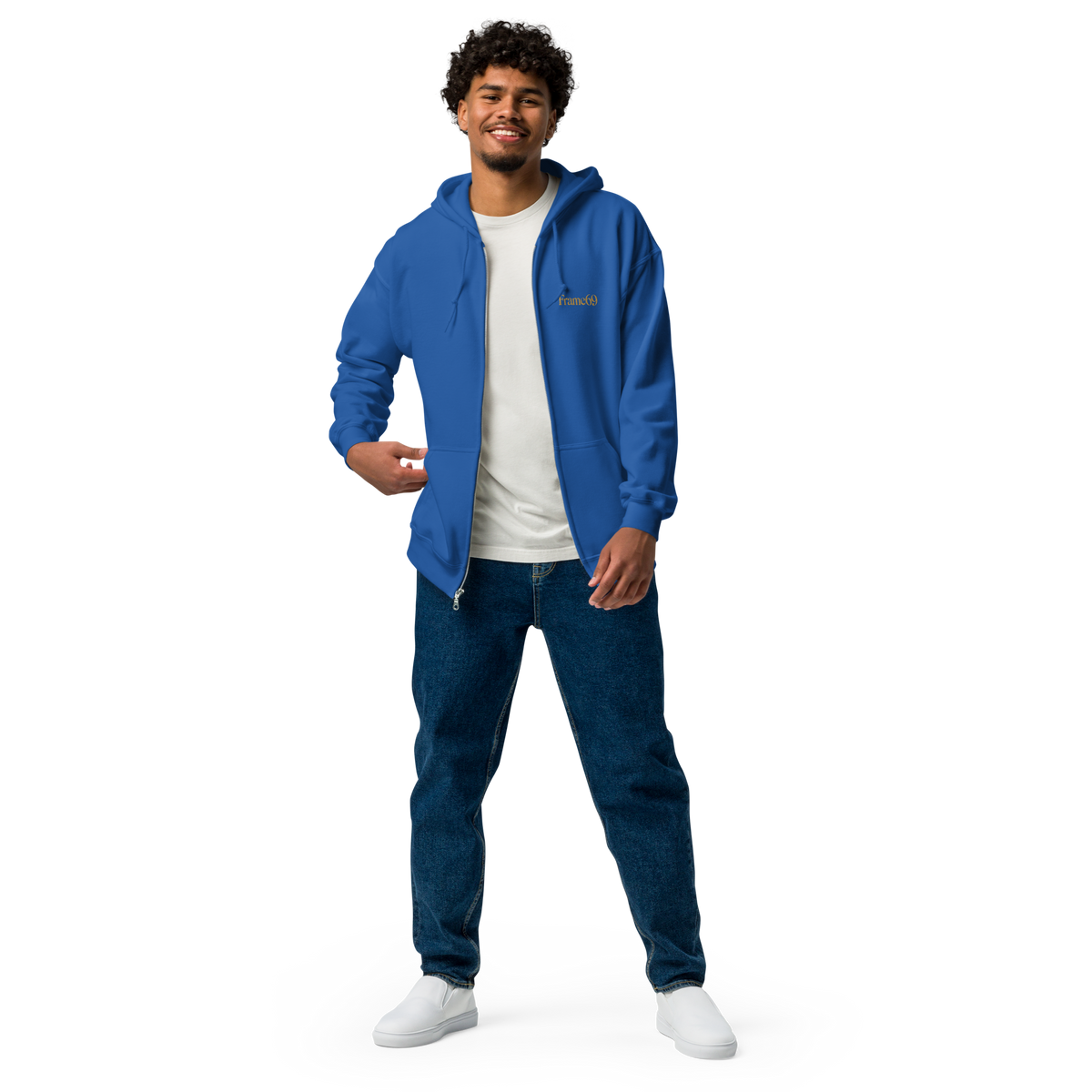 Royal blue zip-up hoodie with hood and front zipper
