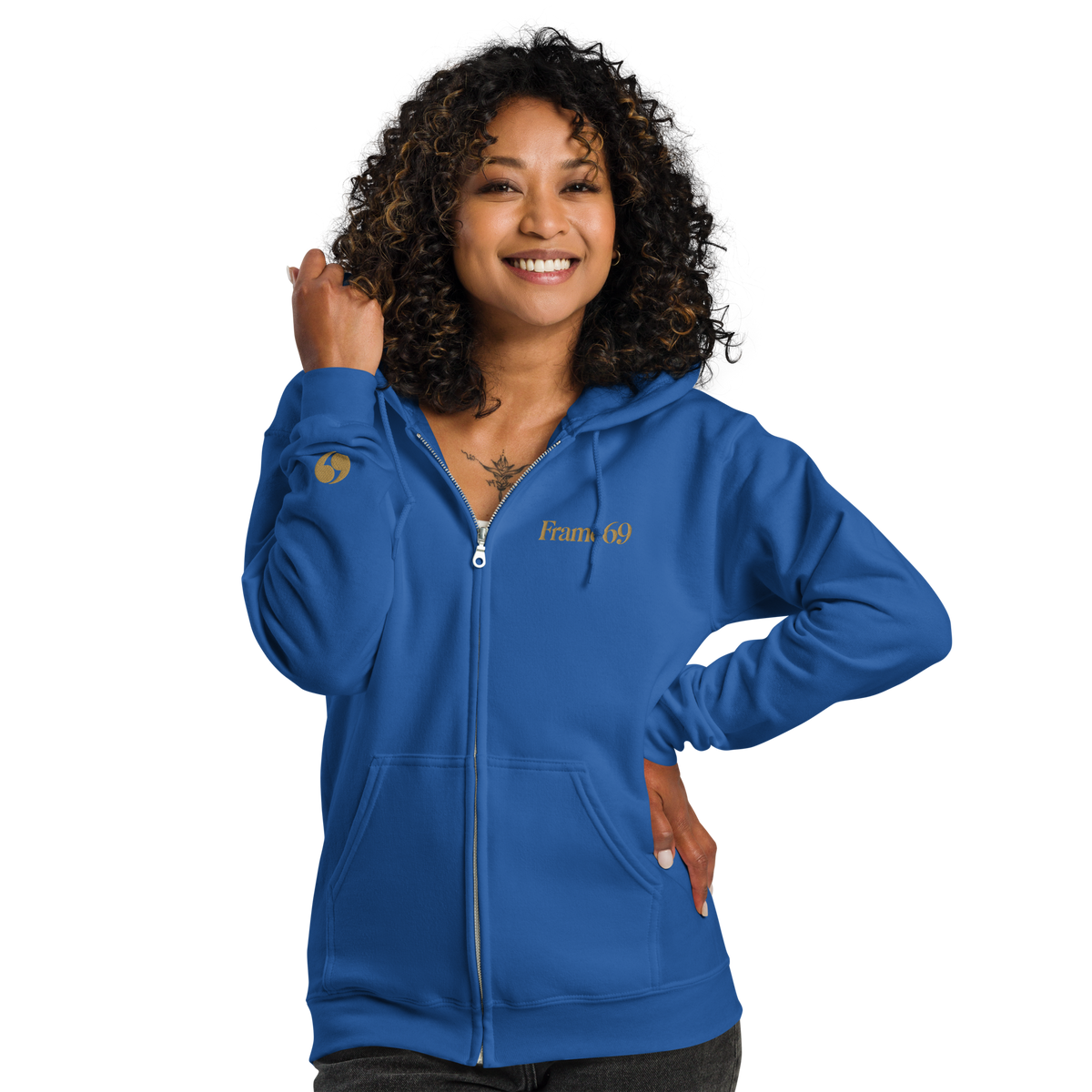 Royal blue zip-up hoodie with hood and front zipper, kangaroo pocket