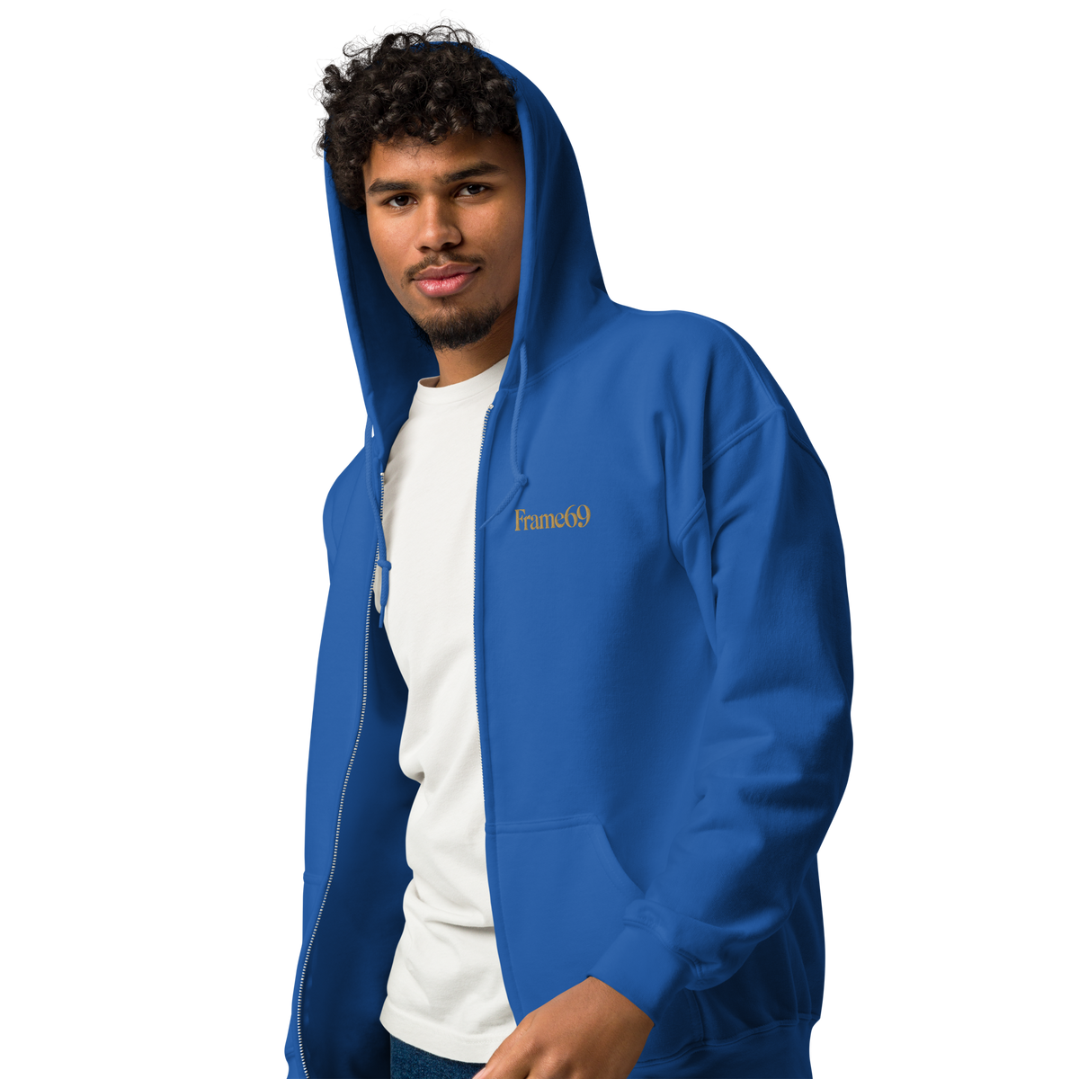 Royal blue zip-front hoodie with hood and full zipper, Frame69 chest logo