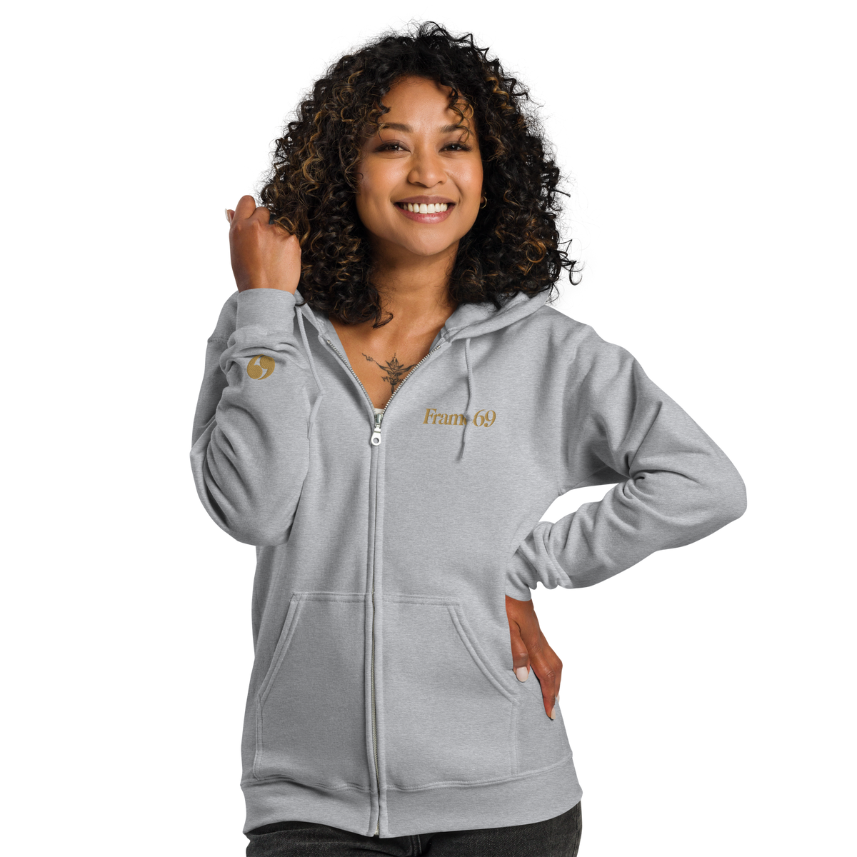 Sport gray zip-up hoodie with hood and front zipper, kangaroo pocket