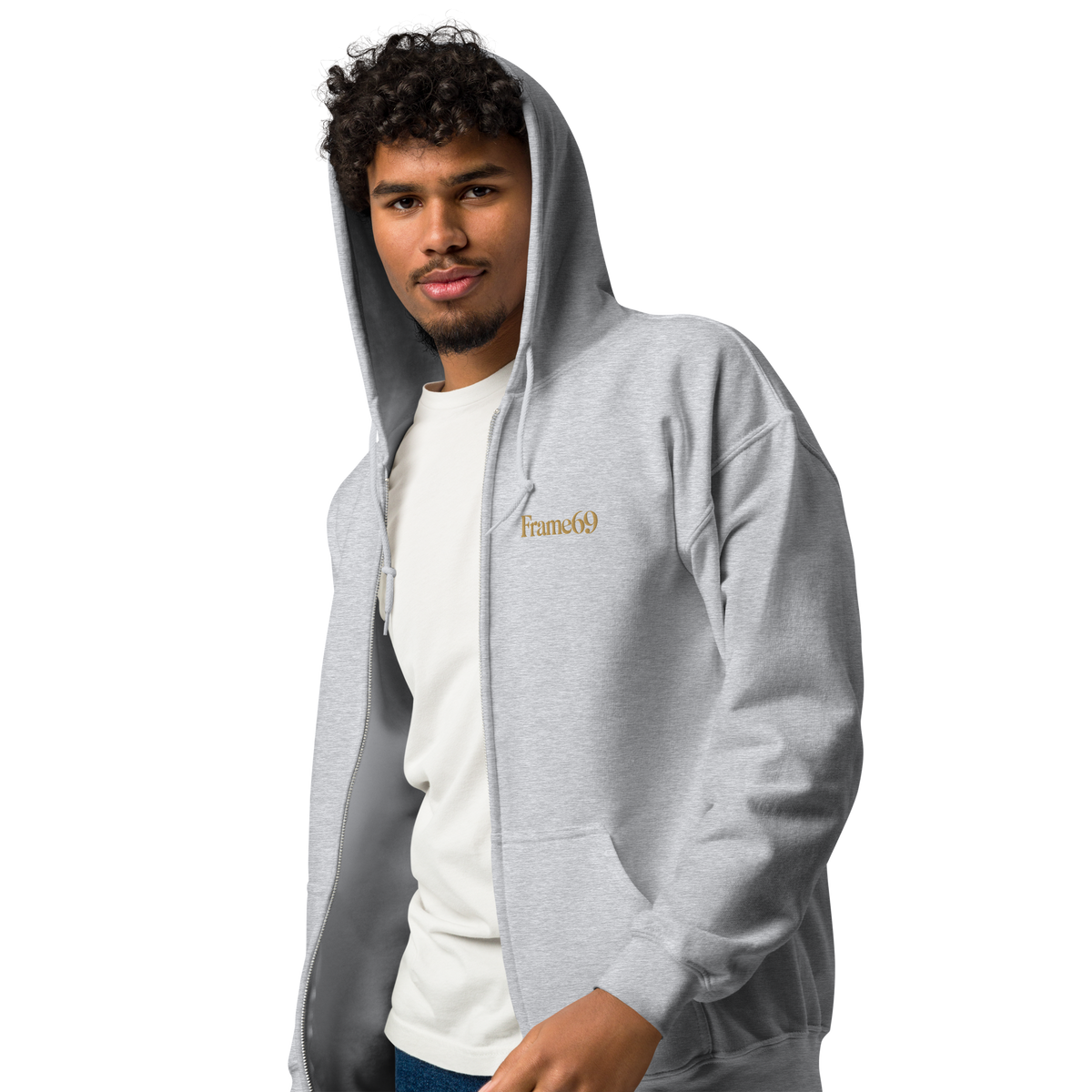Dark gray zip-up hoodie with hood and front zipper, kangaroo pocket