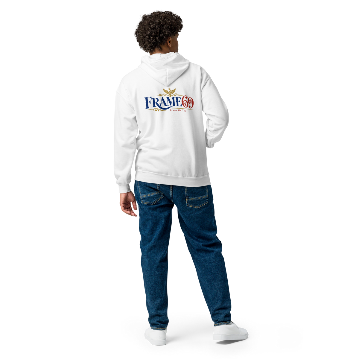 White zip-front hoodie with hood and front zipper, Frame69 logo on back