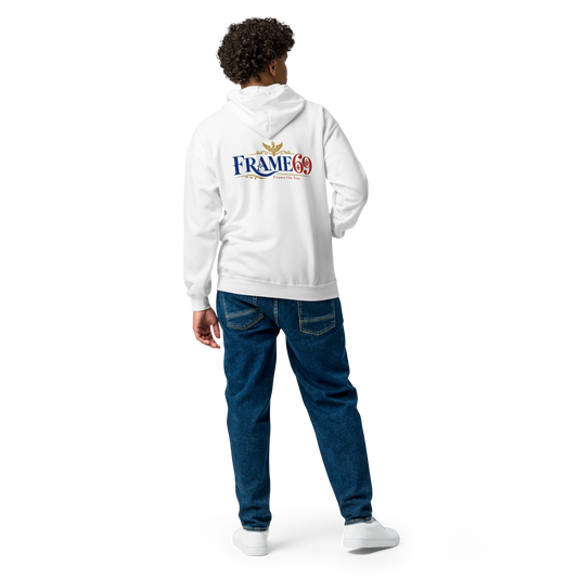 White zip-front hoodie with hood and front zipper, Frame69 logo on back